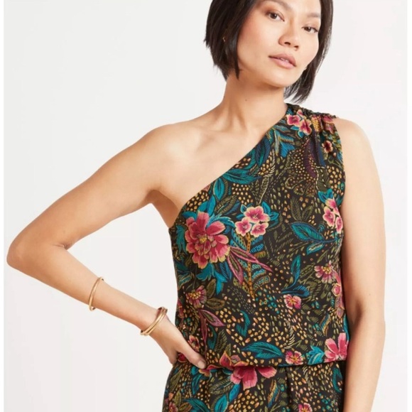 Evereve Tops - NWT EVEREVE One Shoulder MultiFloral Tropical Azalea Top Made‎ in USA 🇺🇸 LARGE